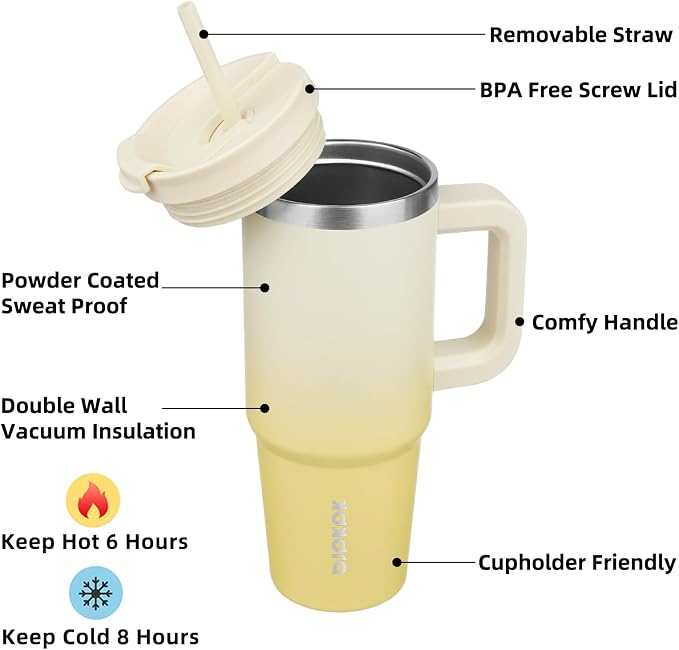 BJPKPK 30 oz Insulated Tumbler with Handle & Straw, Stainless Steel | Double Wall Vacuum Insulation, Leak Proof, BPA Free, Dishwasher Safe, Cupholder Friendly, Travel & Outdoor, Lemon
