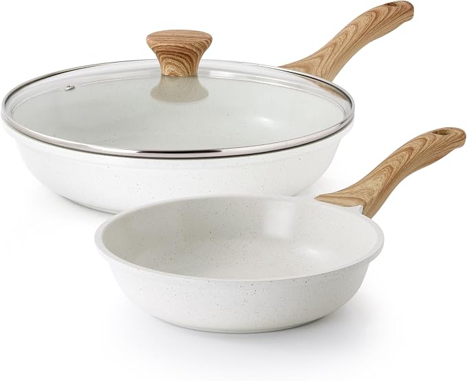 SENSARTE Ceramic Nonstick Frying Pan Skillets, White (8+11Inch with Lid) | Healthy ceramic nontoxic coating, PTFE & PFAS free. Compatible with all stoves including induction cooktops. Easy to clean.
