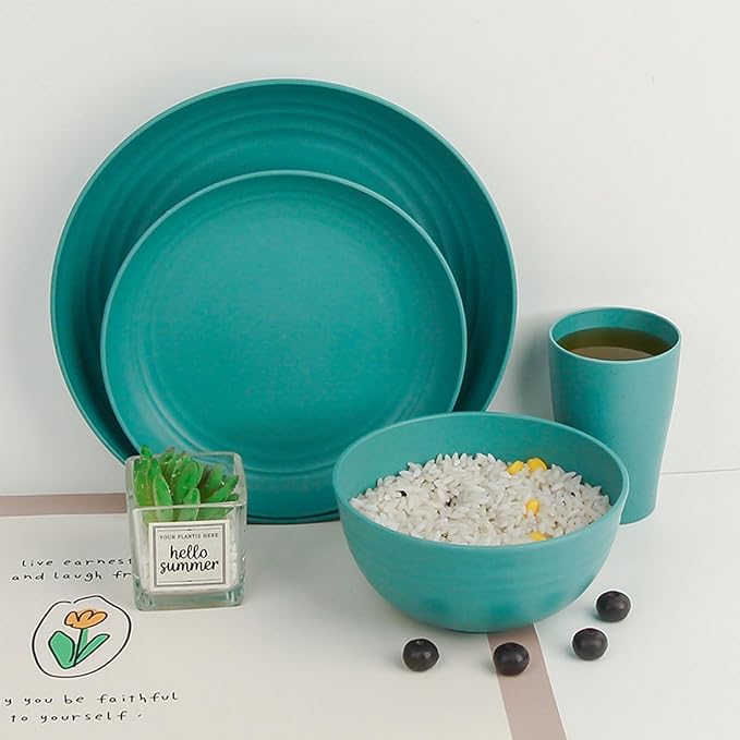 4pcs Unbreakable Wheat Straw Dinnerware Sets with Cutlery Set, Reusable Lightweight Green Microwave Dishwasher Safe Tableware for Travel，Camping，Kitchen,RV,Apartment,Dorm,Party