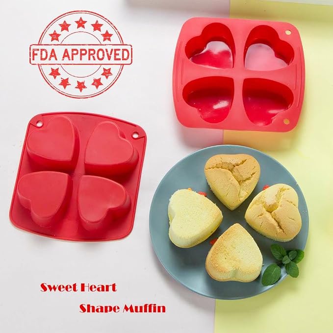 Webake Silicone Heart Mold 2.75" Heart Shaped Cake Pans, 4-Cavity Air Fryer Baking Pan Muffin Cupcake Mold for Baking, Soap, Egg Bites 2 Pack