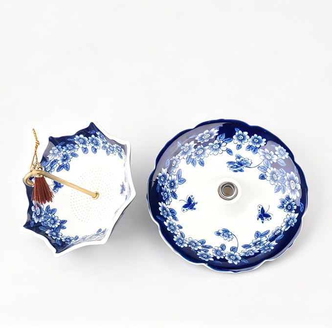 Blue and White Porcelain Umbrella Tea Infuser, Rotating Ceramic Loose Leaf Tea Strainer Filter with Base, Fine Mesh Tea Filter for Home Tea & Coffee Brewing, Unique Decorative Tea Gift (Blue)