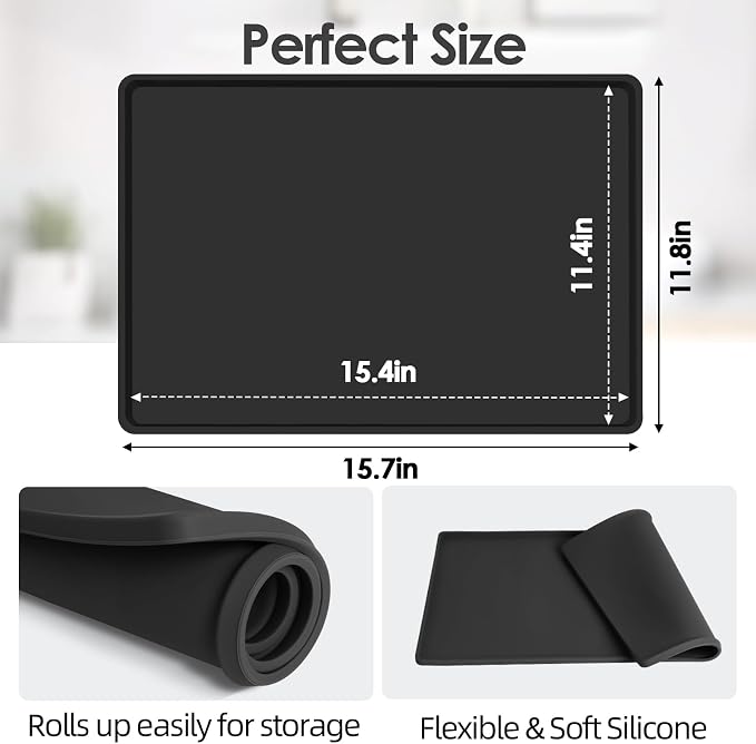 Silicone Coffee Maker Mat with Lip for Countertops, 15.7'' x 11.8'', Black | Multi leak-proof coffee tray for countertop, non-slip silicone mat fits most coffee makers & espresso machines, wipe-clean