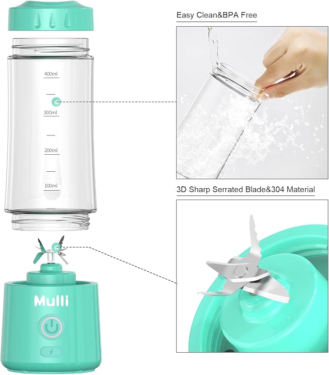 Mulli Portable Blender,USB Rechargeable Personal Mixer for Smoothie and Shakes, Mini Blender with Six Blades for Baby Food,Travel,Gym