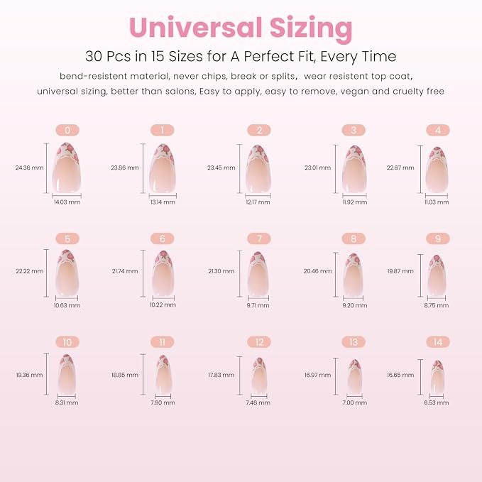 Nail Reformation Fleur de Lace Press On Nails, Medium Almond, 30 Pcs | Nude Fake Nails with Lace French Tip & Rose Floral in Glossy Finish, Gifts for Women