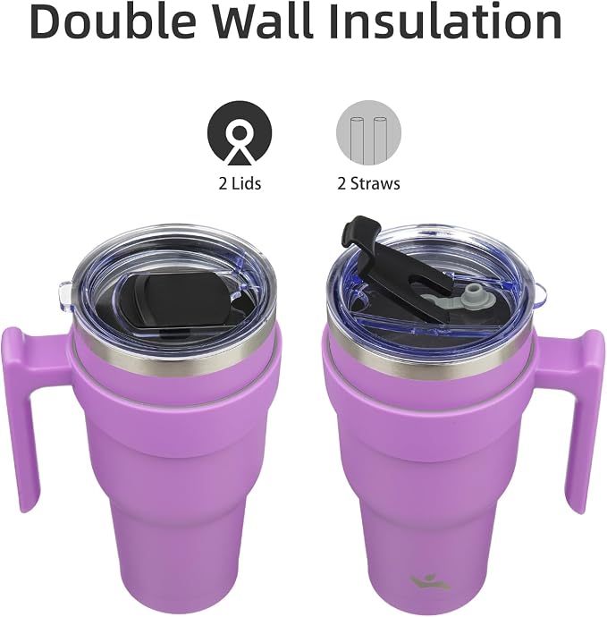 Konokyo 40 oz Tumbler with Handle and Straw, Insulated Travel Mug | Lavender; BPA-free, leak-proof tumbler with 2 lids, 2 straws, cup holder fit for coffee, office, travel & daily use