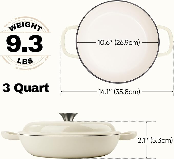 3 Quart Enameled Cast Iron Braiser, Non Stick Enameled Cast Iron Skillet with Lid, Dutch Oven Skillet with lid up to 500°F for Oven, Stove, Grill, Shallow Dutch Oven for Cook, Bake (Beige)