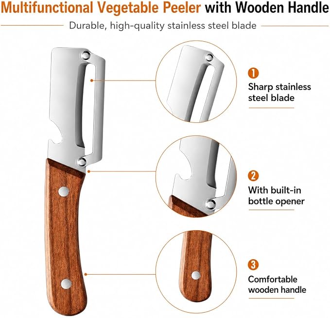 Multifunctional Stainless Steel Vegetable Veggie Peeler For Kitchen | Durable Wooden Handle Vegetable Peeler Suitable For Food Such As Potatoes, Carrots, Cucumbers, Peaches, Zucchini, And Cabbage