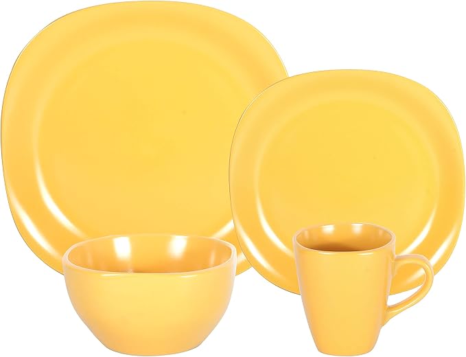 HomeVss, Stoneware Square 16pc Dinnerware Set, Matte Yellow