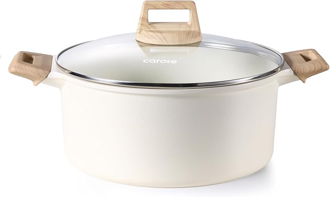 CAROTE Nonstick Stock Pot with Lid, 6 Quart White Granite | Kitchen Cooker Compatible with All Stoves, Dishwasher Safe, Cookware for Boiling, Simmer, PFOA Free