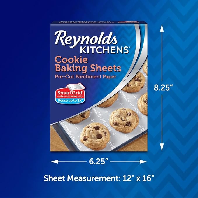 Reynolds Kitchens Pre-Cut Parchment Paper Cookie Baking Sheets, 22ct | 12 x 16 in, Fits Standard Size Cookie Sheets, Nonstick, Reusable Up To 3X, SmartGrid Lines, Oven Safe To 425F, Easy Cleanup