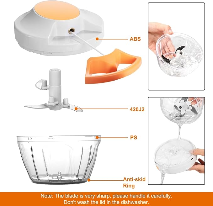 Manual Food Processor & Vegetable Chopper, Hand Pull String Garlic Mincer Onion Chopper Dicer for Salsa Pesto Guacamole, 3 Stainless Steel Blades, 500ml White