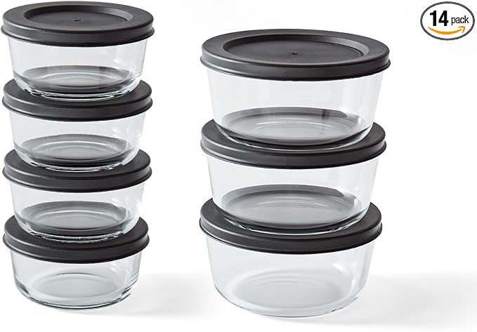 14-Piece Glass Food Storage Containers Set (7 Containers + 7 BPA-Free Lids) | 1-Cup & 2-Cup, Leakproof | Microwave, Freezer, Oven & Dishwasher Safe | Ideal for Meal Prep & Pantry Organization, Black