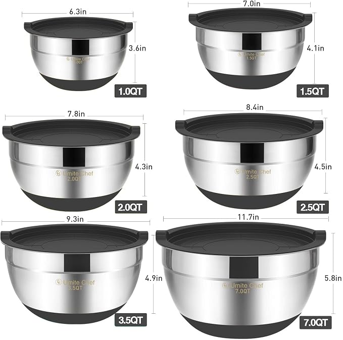 Umite Chef Mixing Bowls with Airtight Lids，6 piece Stainless Steel Metal Nesting Storage Bowls, Non-Slip Bottoms Size 7, 3.5, 2.5, 2.0,1.5, 1QT, Great for Mixing & Serving(Grey)