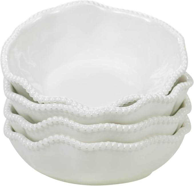 Perlette Off-White Beaded 12-Piece Dinnerware Set – Includes 4 Dinner Plates, 4 Salad Plates, 4 Bowls (7.5" x 2", 22 oz) – Elegant Unbreakable Melamine, Heavyweight, Perfect for Indoor/Outdoor Dining