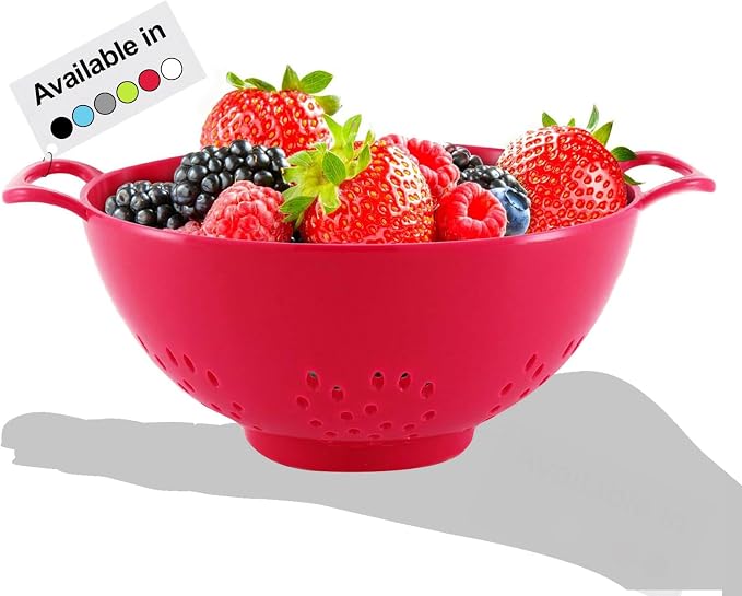 Meadow Lane 6-Inch Small Colander, 3-Cup Food Strainer, Cardinal Red | BPA-free, dishwasher-safe mini colander has a wide, shallow bowl, 1/8-inch holes, two handles, ring foot and smooth edges.