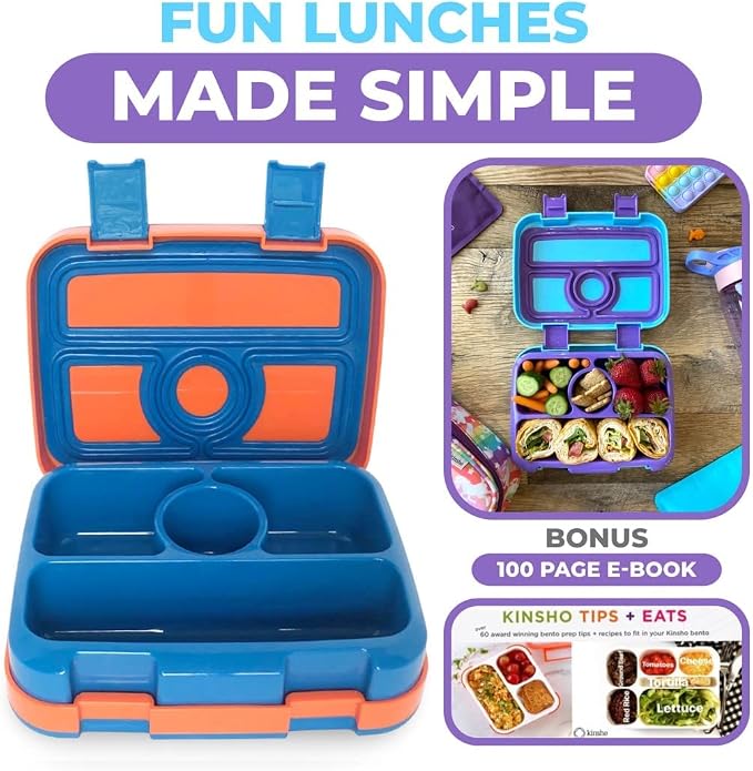 kinsho Bento Lunch Box, Boxes for Kids Toddlers Boys Girls, 4 Portion Divided Sections Secure Lid, BPA Free Removable Tray, Pre-School Kid Daycare Lunches Snack Container, Blue Purple Aqua 2 Pack Set