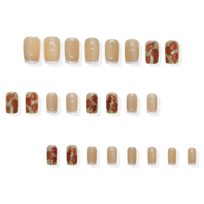 24 Pcs Fall Press on Nails Medium Square Fake Nails with French Tip Glitter Maple Leaves Designs Nails Press ons Orange White Acrylic Nails Autumn Stick on Nails for Women