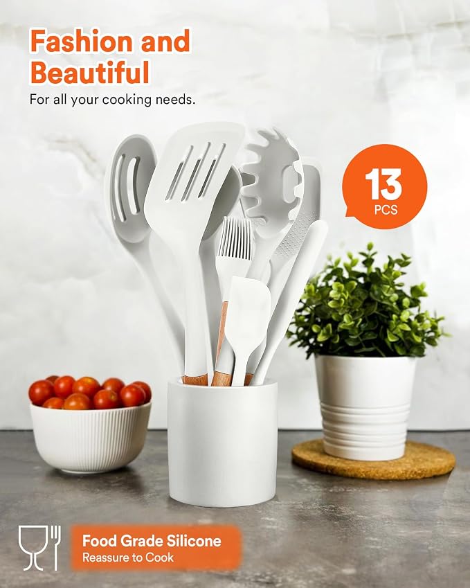 13PCS Silicone Kitchen Utensils Set for Nonstick Cookware, White | Food Grade, Heat Resistant Kitchen Utensil Spatula Set, Wooden Handles Kitchen Gadgets Tools Set