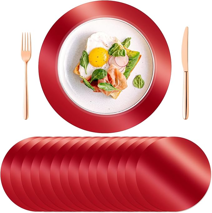 100PCS 13in Round Red Placemats, Disposable Paper Chargers Plate | Mirrored Red Paper Placemats for Dining Table, for Christmas Valentines Kitchen Banquet Wedding Birthday Party Table Decor