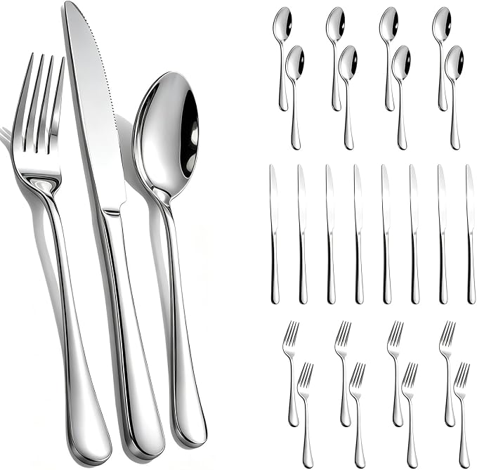 24-Piece Silverware Set for 8 - Stainless Steel Flatware Cutlery Set Service for 8, Mirror Polished Flatware Set Include Forks Spoons Knives for Home, Wedding, Restaurant, Dishwasher Safe