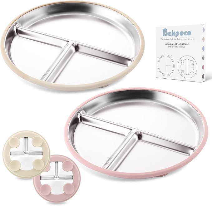 Bakpoco 9" Stainless Steel Divided Toddler Plates with Removable Suction | Baby Plate with Silicone Sleeves for Kids Girls Non-Toxic Unbreakable Dishwasher Safe Dinnerware Set of 2, Pink & Beige