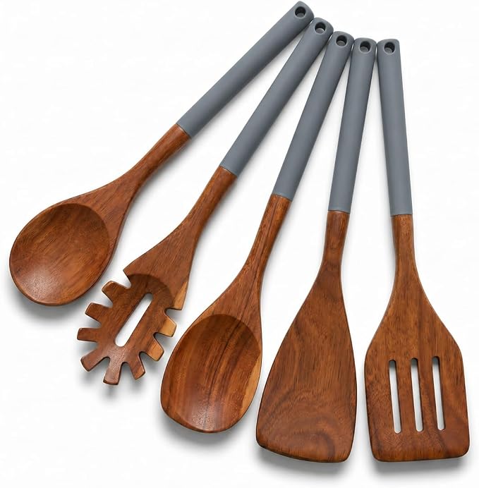 DI ORO Wooden Kitchen Utensil Set - 5 Pc Spoon & Spatula, Dark Grey | Won't scratch nonstick pots and pans; Natural hardwood, easy to hand wash; For cooking, serving, stirring, and turning