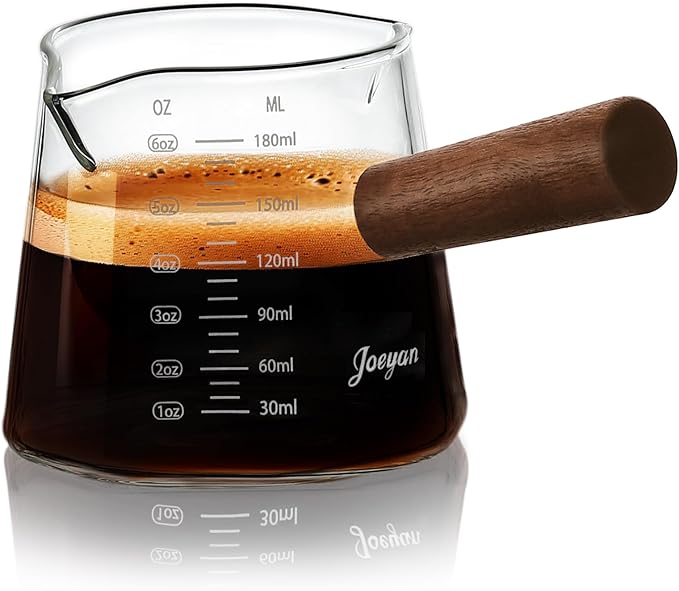 Joeyan 6 oz Glass Measuring Cup with Double Spouts,Borosilicate Espresso Shot Glasses with Wooden Handle,Claer Measuring Triple Milk Frothing Pitcher for Coffee Tea