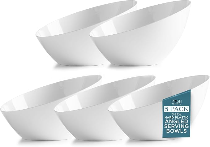 5 Pack White Angled Plastic Serving Bowl Disposable for Party Table 54oz | Angled Bowl Design. Chip, Candy, Salad & Fruit Use. Disposable Party Tableware. Buffet & Wedding Serving. White Plastic.