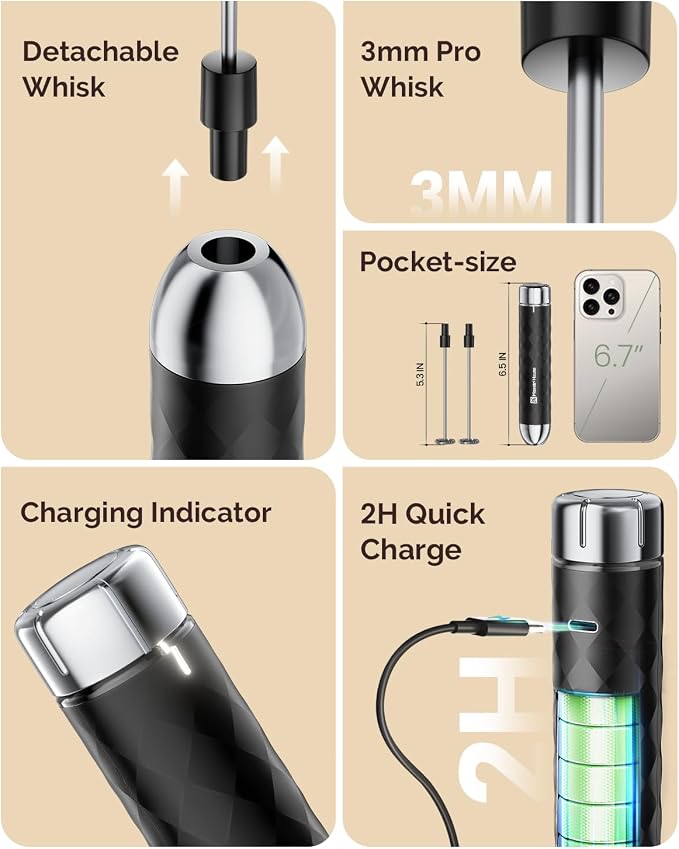 Maestri House LunaFro 2.0 Rechargeable Milk Frother, Stepless Speed Control | 1200mAh lithium battery Frother Handheld, IPX4, Stand & 2 Detachable Whisk for Lattes, Cappuccino, Matcha & Protein powder