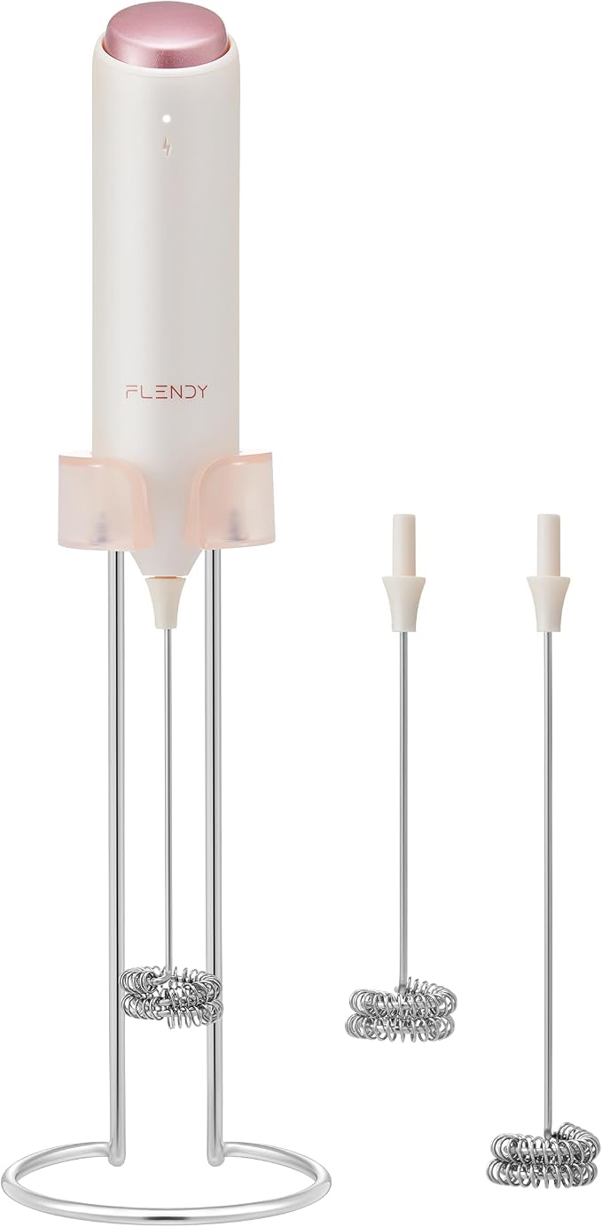 Flendy Rechargeable Milk Frother Handheld with Charging Stand | USB-C Charging Dock, 2 Detachable Double Whisk, Extra Long Mixer Wand, Wall Mount, Top Button, Compact Electric Stirrer