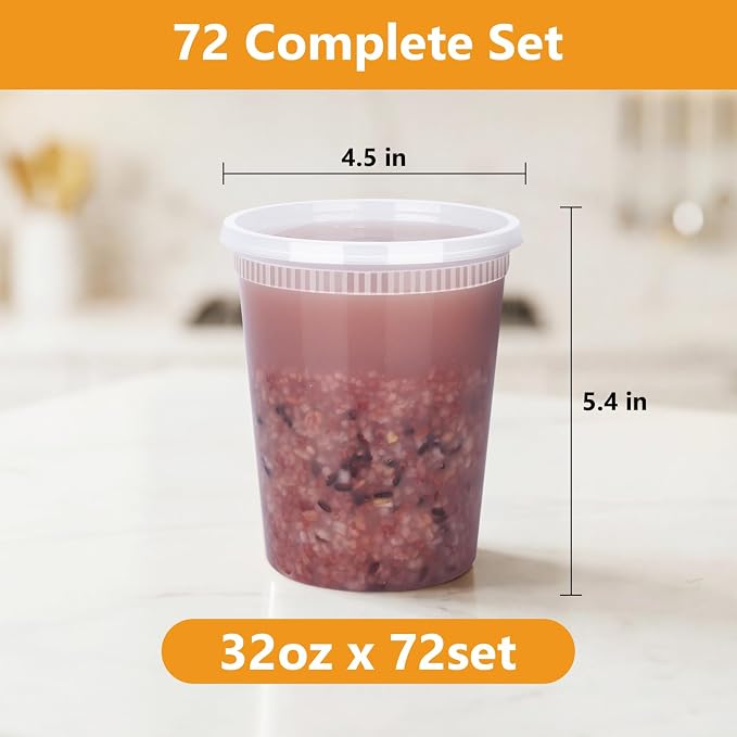 72 Sets (144-Piece) Deli Containers with Lids, 32oz X 72 Set Each | Leak-Proof & BPA Free Airtight Takeout Plastic Food Storage Containers for Soup, Meal Prep,Microwave/Freezer Safe