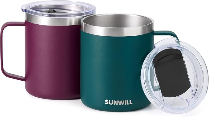 SUNWILL Travel Coffee Mug Set of 2, Insulated Tumbler with Lid, 14 oz Stainless Steel Cup with Handle for Camping, Office, Home, Powder Coated Forest Green & Plum