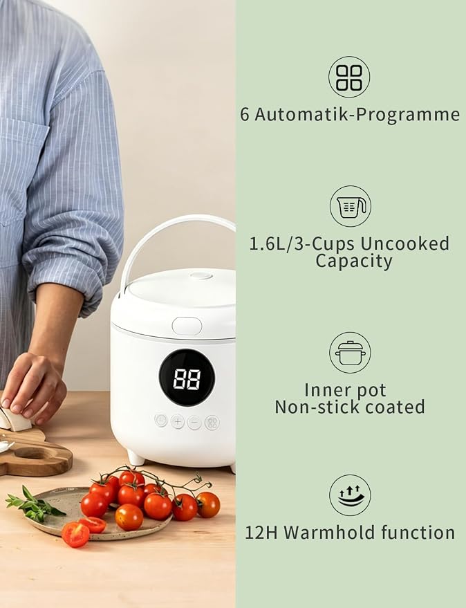 Small Rice Cooker, 3-Cups Uncooked/ 6-Cups Cooked, White | Multifunctional 6 Intelligent Cooking Modes for White Rice, Quinoa, Oatmeal, 1.6L Capacity