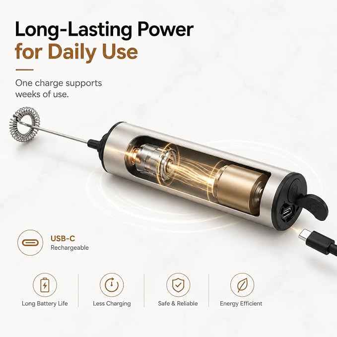 Rechargeable Milk Frother with Stand, Electric Whisks Foam Maker, POWERFUL USB C 2 Speed Handheld Drink Mixer for Coffee, Latte, Cappuccino, Matcha Drinks,Silver