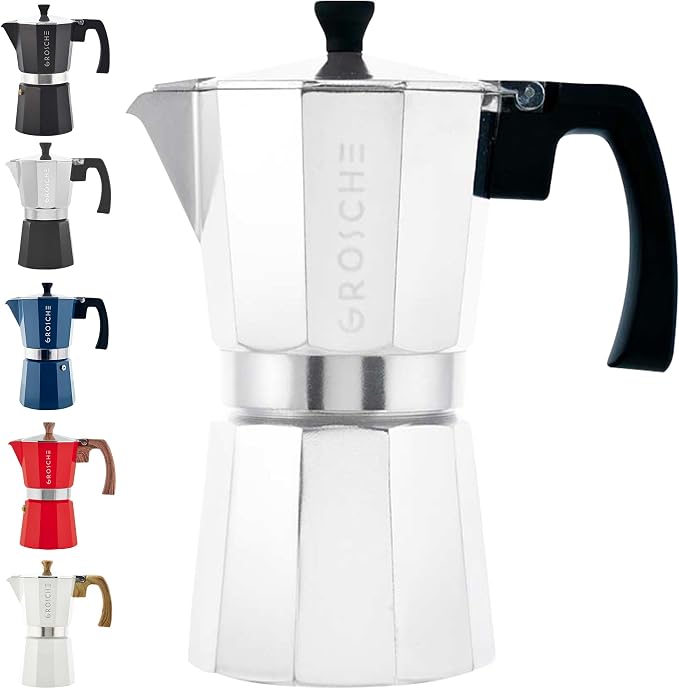 GROSCHE Milano Moka Pot | 9 Espresso Cup - 15.2 oz | Stovetop Espresso Percolator & Coffee Maker – Portable, Ideal for Home and Camping | Cuban Coffee Maker And Italian Moka Pot For Stovetop Espresso; For Gas, Electric, And Propane Stoves With A Soft-T...