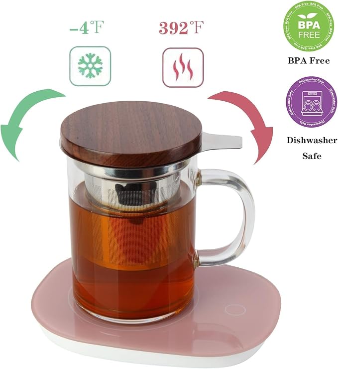 Tea Cup with Infuser Walnut Lid&Handle, Glass Tea Cups with Wide Mouth Extra Large Capacity, Stainless Steel Tea Infuser Mug for Loose Leaf Tea Steeping(2PCS,14oz/400ml)