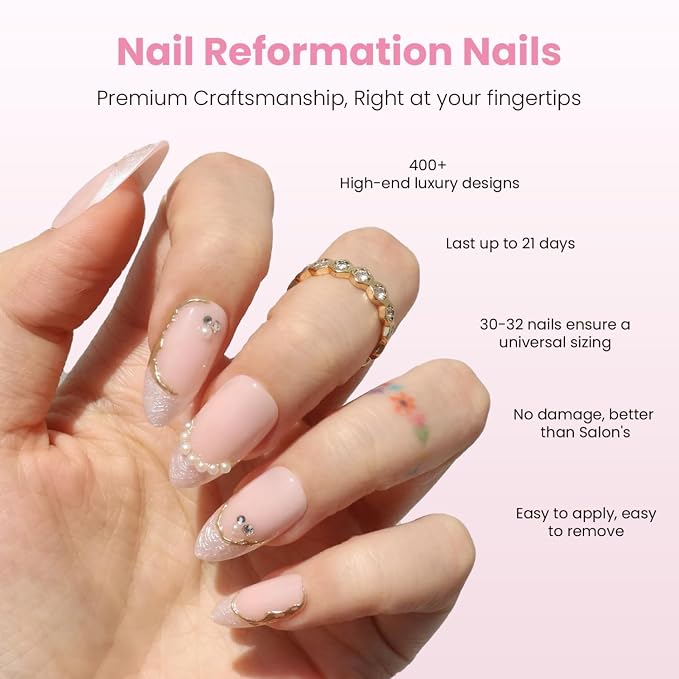 Nail Reformation Press On Nails, French Tip Nude Medium Almond Fake Nails | with Pearl & Sparkling Gems in Glossy Finish, Salon Quality, Reusable Stick On Nails in 15 Sizes 30 Nail Kit for Women Gifts