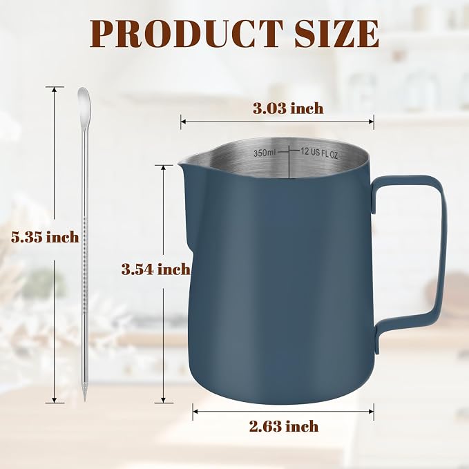 Amrules Milk Frothing Pitcher, 12 oz Milk Frother Cup with Clear Scale, 304 Stainless Steel Cappuccino Espresso Machine Accessories for Barista Coffee Bar with Latte Art Pen, Blue