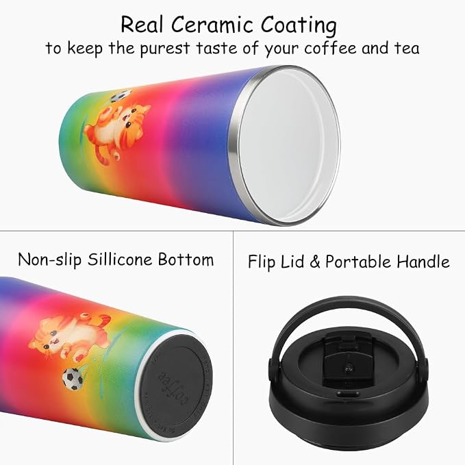 Funkrin Insulated Coffee Mug with Ceramic Coating, 16oz Iced Coffee Tumbler Cup with Flip Lid and Handle, Double Wall Vacuum Leak-Proof Travel Mug for Office School Party Camping