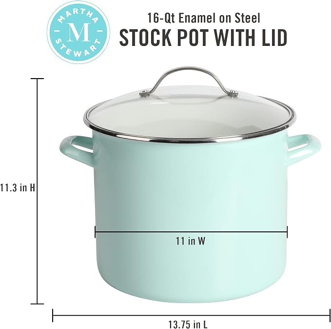 Martha Stewart Thayer 12-Quart Enamel on Steel Scratch-Resistant Stock Pot with Lid – Martha Blue – Durable Large Capacity Pot for Soups, Stews & Boiling