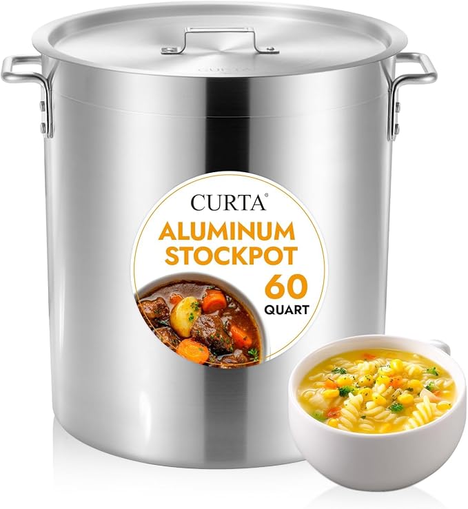 CURTA 60 Quarts Aluminum Stock Pot with Lid, Heavy Duty Commercial Grade Large Capacity Cooking Pot for Boiling, Stewing, Great for Kitchen, Restaurant, Catering, and Home Use, NSF Certified