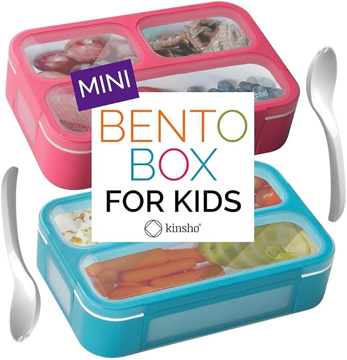 kinsho Small Snack Box Containers for Kids Toddlers, Pink Blue, Set of 2 | 3 Compartments, Leak-Proof, Spill Proof, BPA-Free Reusable Mini Bento Lunch Box for Girl & Boy Daycare School, Holds 2 Cups