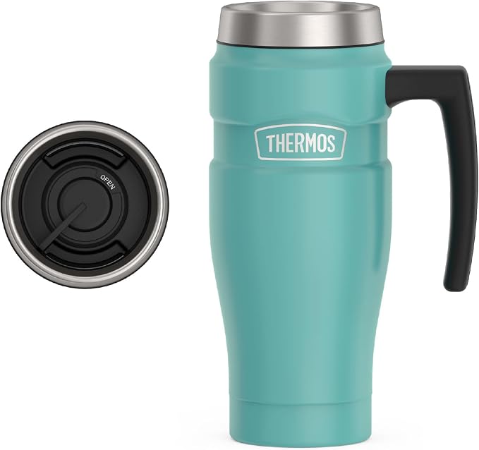 THERMOS Stainless King Travel Mug with Handle, 16oz, Matte Teal | Vacuum-Insulated Travel Mug with Handle for Hot & Cold Drinks, Stainless Steel Coffee Mug with Lid for Commuting