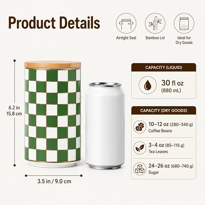 Kitchen Countertop Ceramic Checkered Canisters,Black And White Food Storage Containers With Lid,Airtight Kitchen Canisters for Flour, Sugar, Coffee, Tea, and Dry Goods (Green, Large)