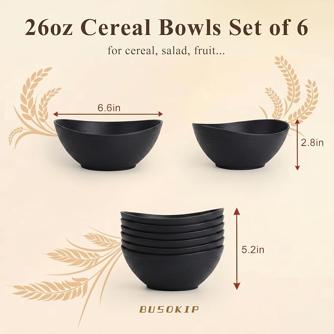Cereal Bowls Sets of 6, Unbreakable & Lightweight Wheat Straw Bowls 26oz, Alternative to Plastic Bowl for Soup, Fruit, Salad, Microwavable Bowl for Kitchen, Camping, RV, Party - Black