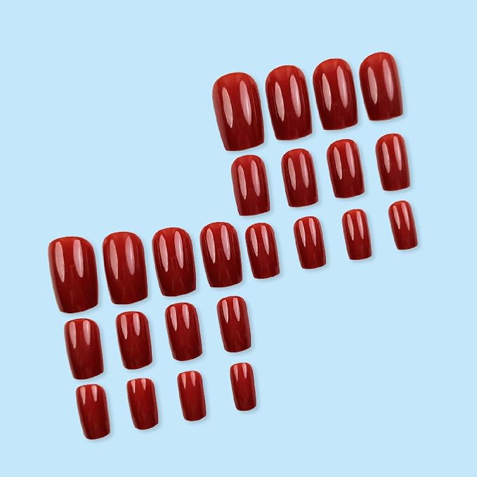 Fall Press on Nails Medium Square Fake Nails with Full Cover Glossy Designs Nails Press ons Red Acrylic Nails Simple Stick on Nails for Women 24 Pcs