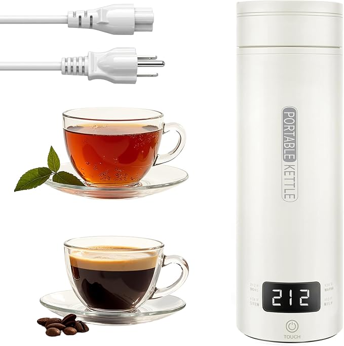 Travel Tea Kettle（120V）, Portable Electric Kettle, 316 Stainless Steel Premium Liner, 4-speed Temperature Adjustment with Auto Shut-off and Boil-Off Protection,White.
