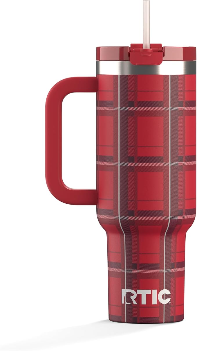 RTIC 40 oz Road Trip Tumbler Double-Walled Cermaic Lined Insulated Stainless Steel Portable Travel Coffee Mug Cup with Lid, Handle and Straw, Red Plaid