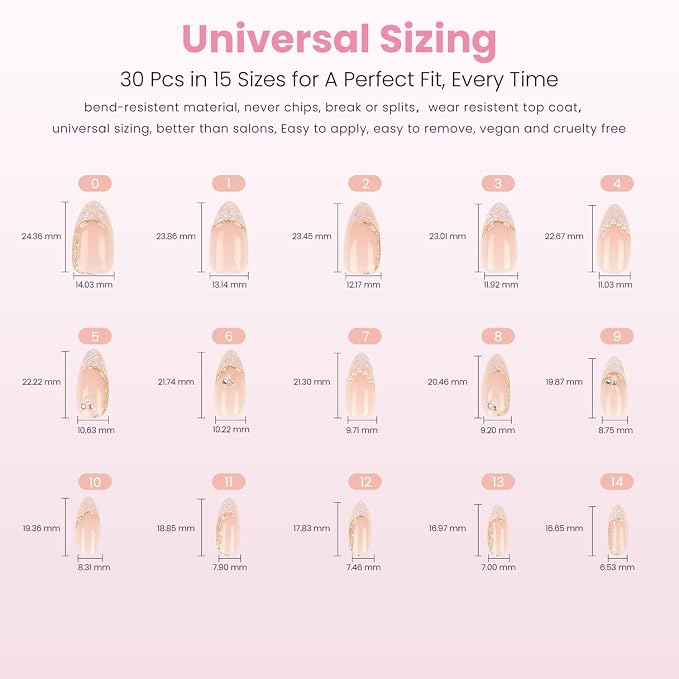 Nail Reformation Press On Nails, French Tip Nude Medium Almond Fake Nails | with Pearl & Sparkling Gems in Glossy Finish, Salon Quality, Reusable Stick On Nails in 15 Sizes 30 Nail Kit for Women Gifts