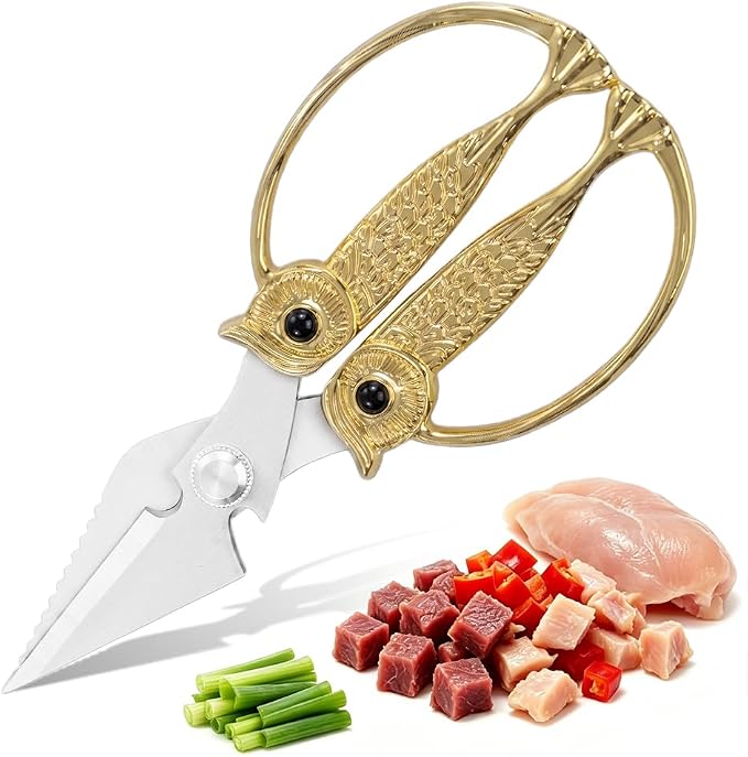 XSNBRD Kitchen Scissors Heavy Duty, Golden Stainless Steel Owl Shears Large | Golden finish,3.5mm stainless steel,multi-purpose shears for meat, herbs & vegetables,ergonomic design,great Kitchen gift.